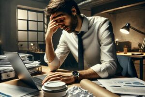 Burnout consumindo um profissional em ambiente de escritório, cercado de papéis, com expressão estressada e exausta