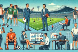 Grupo diversificado de profissionais da indústria esportiva, incluindo um treinador de futebol, uma jornalista esportiva, um analista de dados, um psicólogo esportivo e uma gerente de eventos, cada um em seus ambientes de trabalho, representando a variedade de carreiras no mundo do esporte além dos atletas.